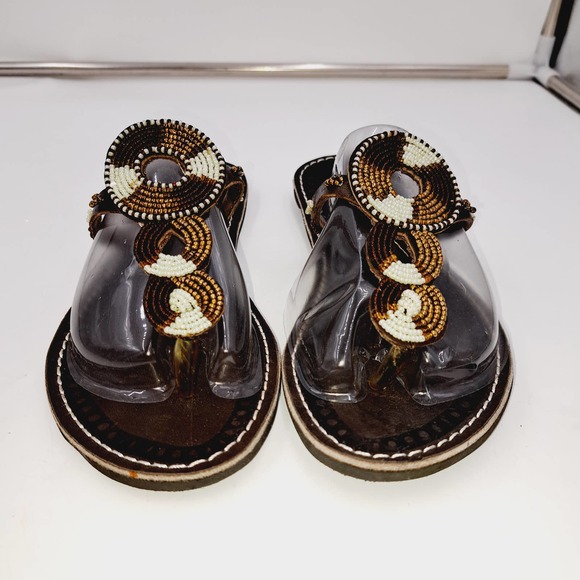 Chocolate Brown Boho Handbeaded leather flip flop flat sandals EU 37 US 6.5 9" L - Picture 5 of 8